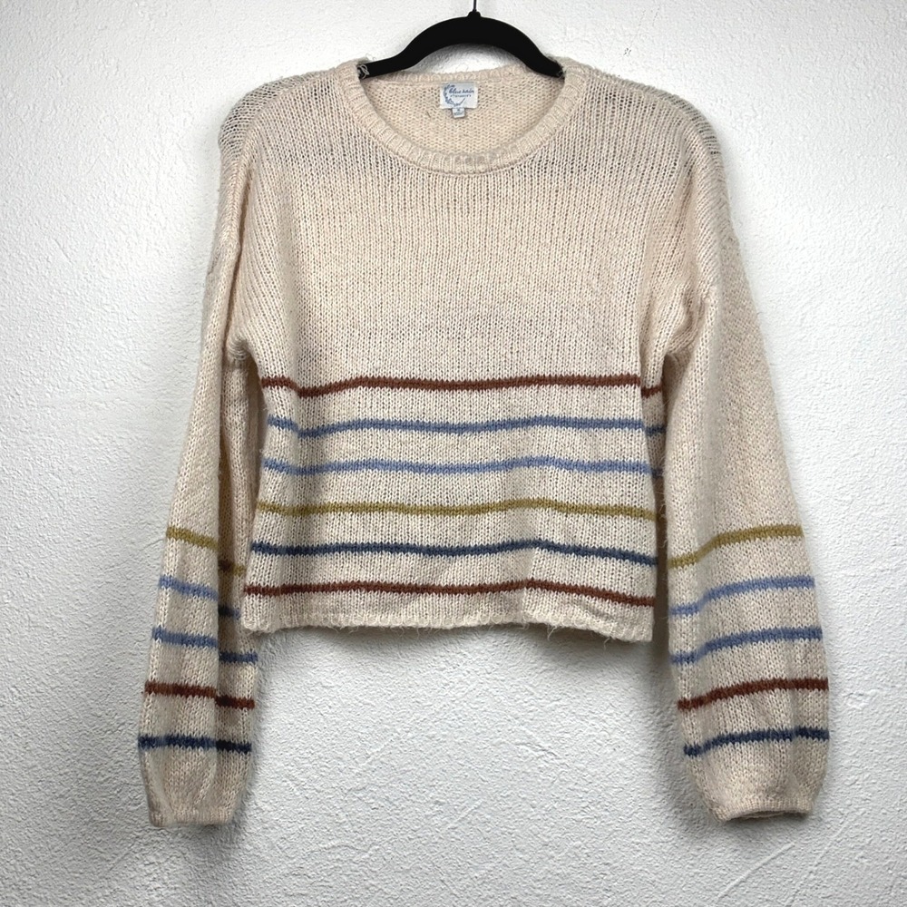 Blue Rain Ivory Striped Knit Sweater - S - Cropped Crewneck Boho Coastal #937